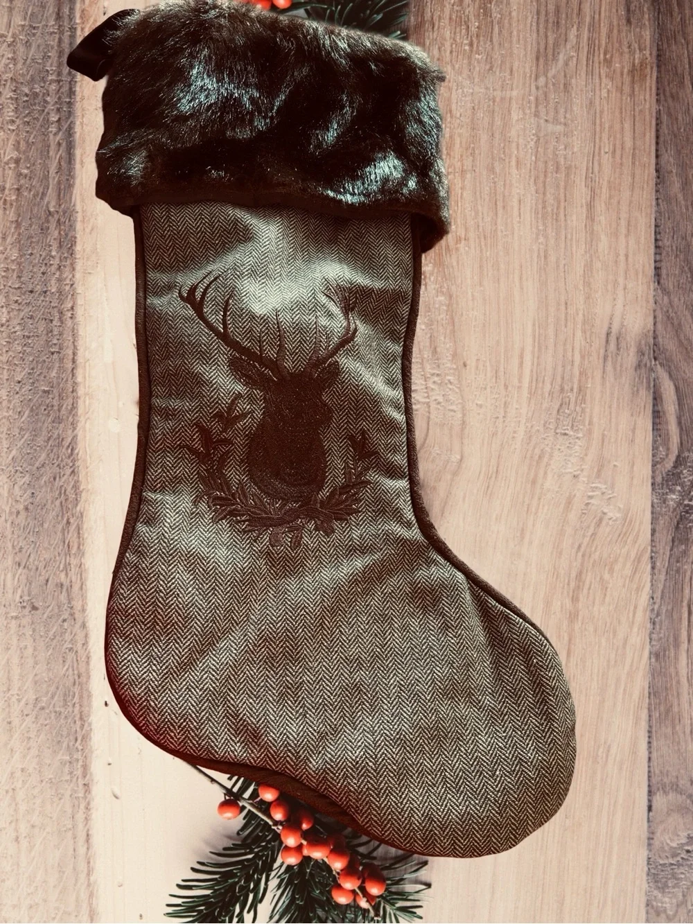 Brown Faux Fur Cuff Holiday Stocking with Embroidered Stag